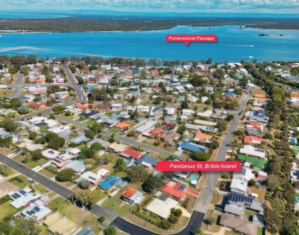 An image from the sky showing the suburb of Bribie Island. The image shows the location of the property and the location of the beach front.